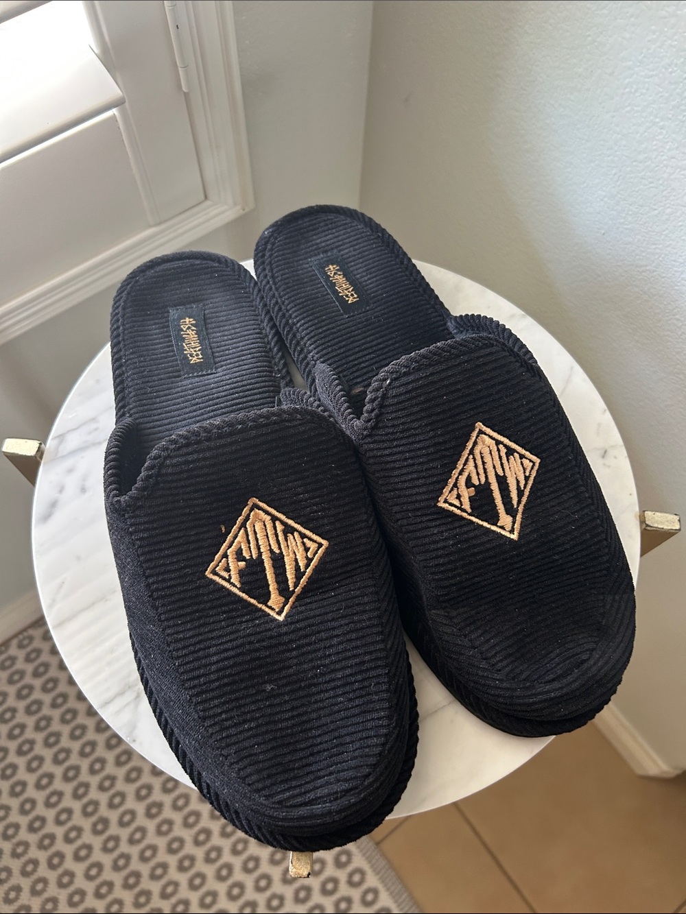 Deathwish Black Corduroy Slip-On Slippers with Gold Embroidered Crest